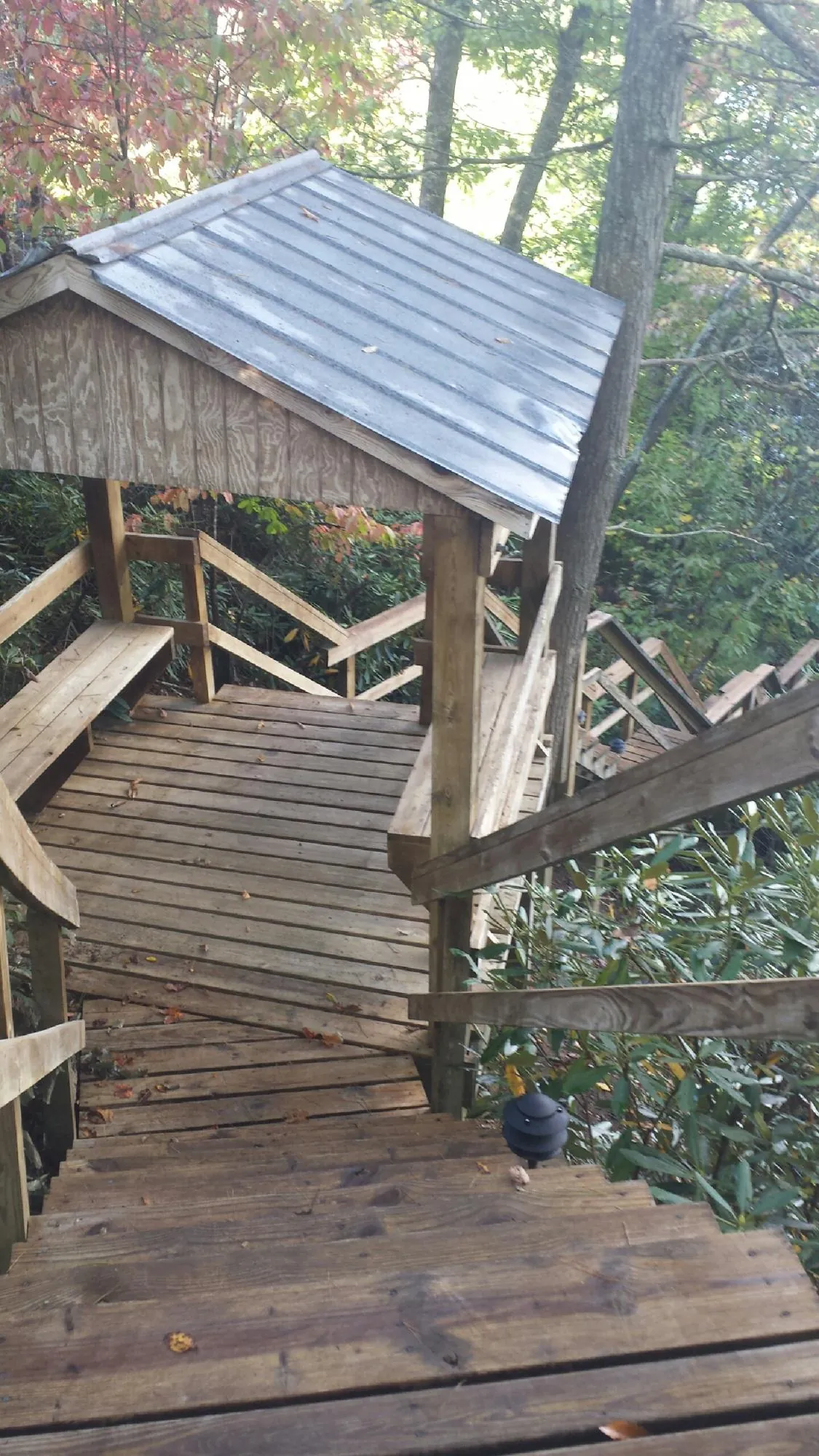 Metal roofed shelter over wooden steps on a wooded walkway — Skylight Repair & Installation work by our crew in Dixie